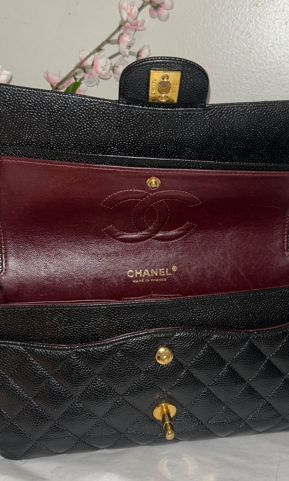 CHANEL Medium Classic Double Flap Quilted Caviar Handbag Black / Gold