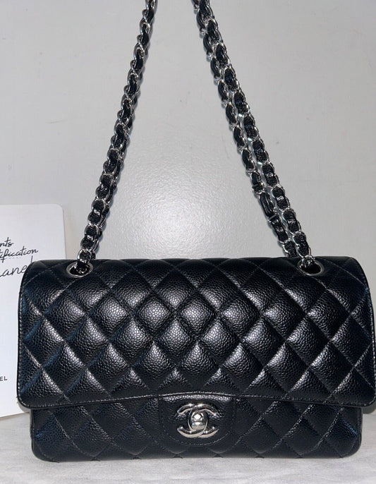 CHANEL Classic Medium Double Flap Quilted Caviar Handbag Black