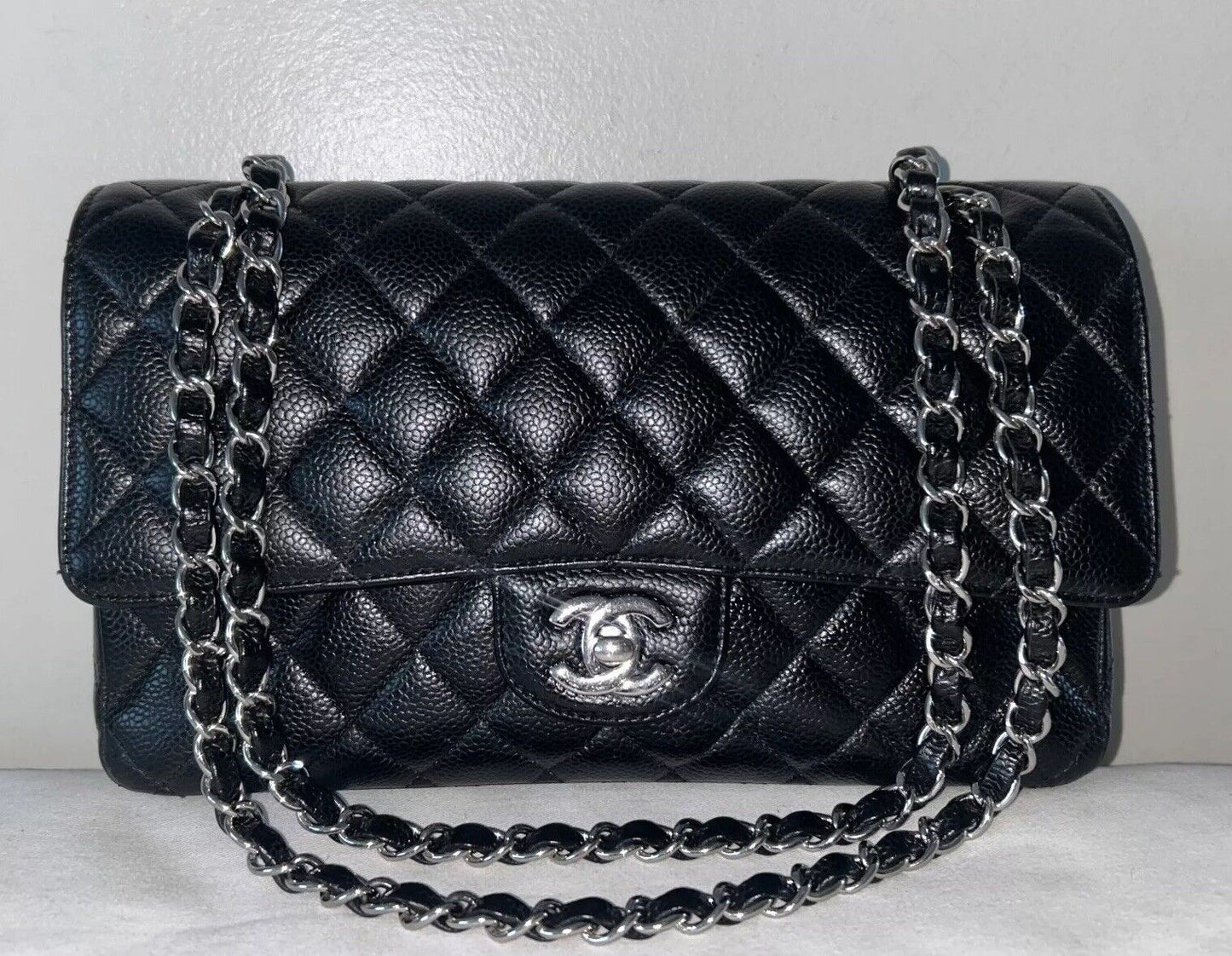 CHANEL Classic Medium Double Flap Quilted Caviar Handbag Black