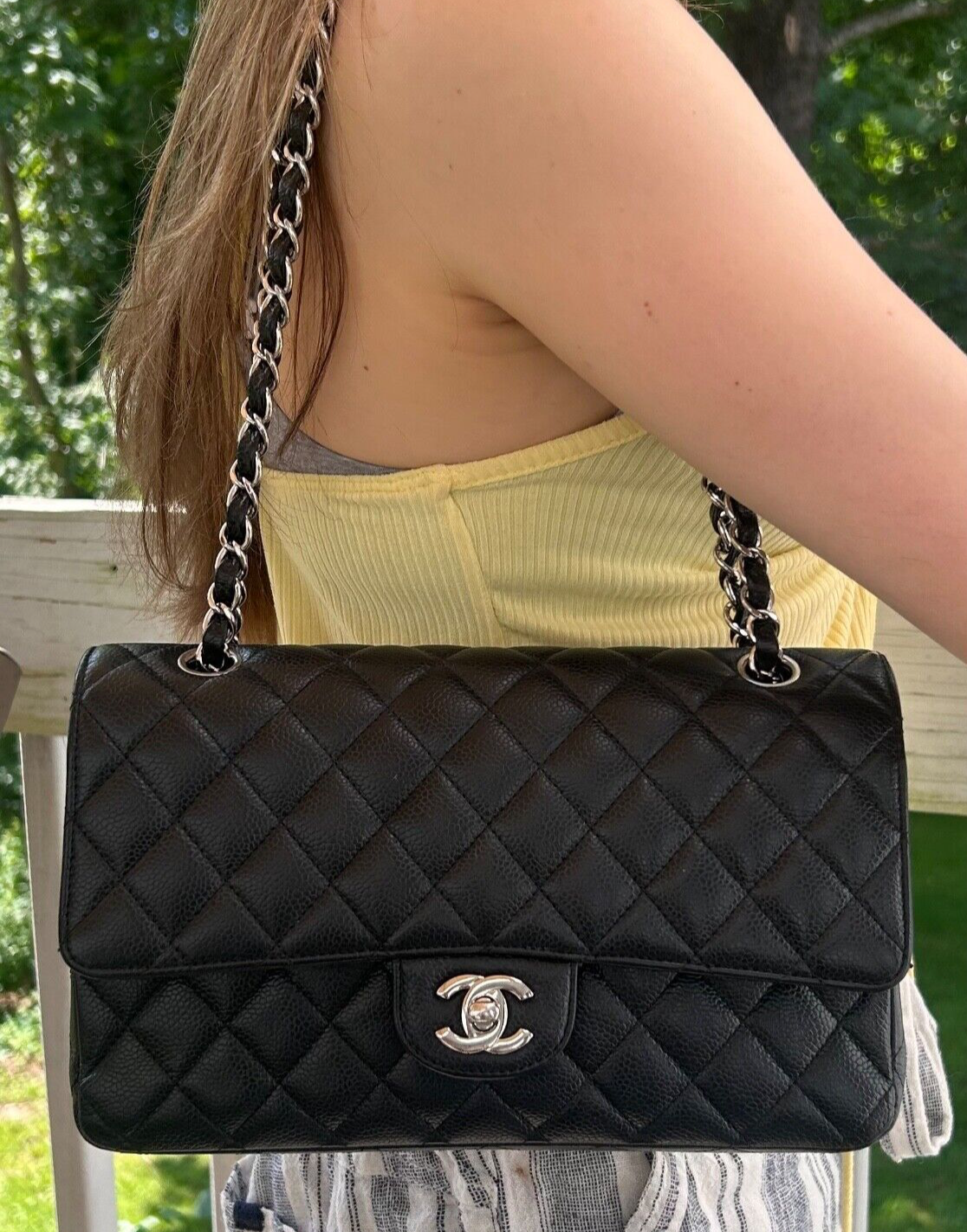 CHANEL Classic Medium Double Flap Quilted Caviar Handbag Black