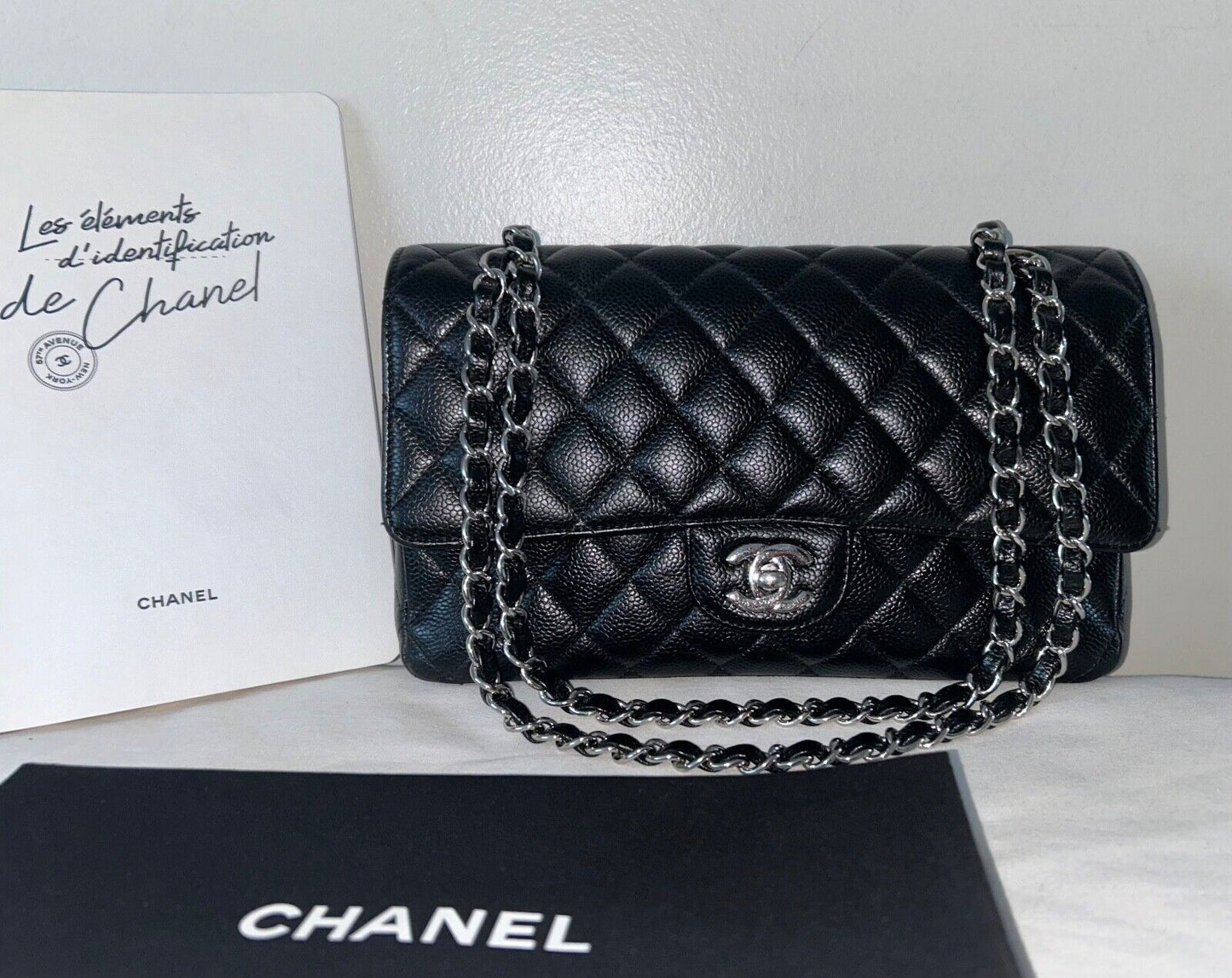 CHANEL Classic Medium Double Flap Quilted Caviar Handbag Black