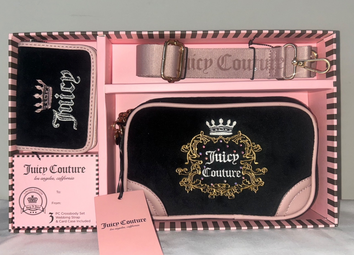 NEW! NWT JUICY COUTURE Heritage Velour Crossbody Bag 3 Piece Set Black Liquorice