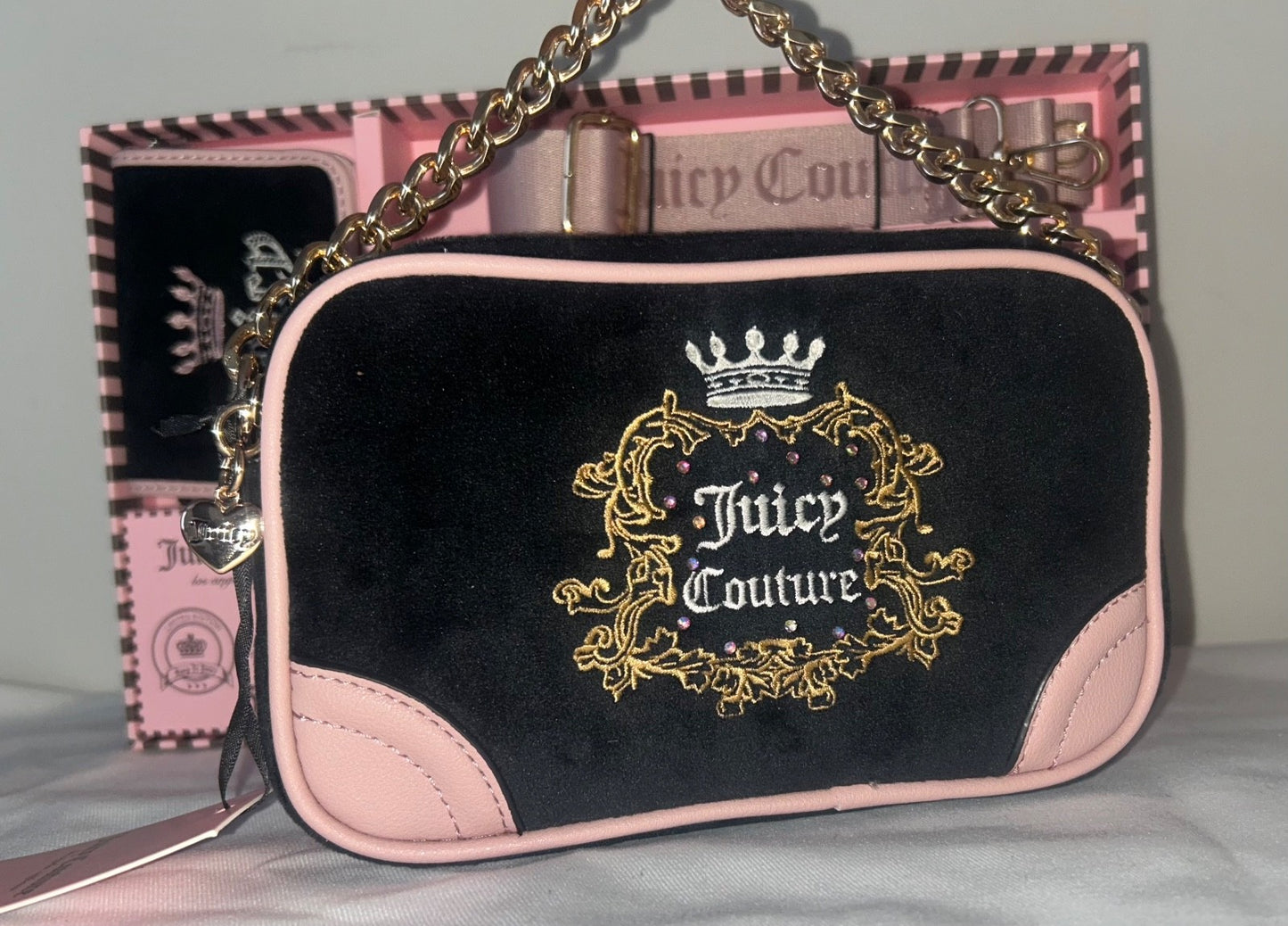 NEW! NWT JUICY COUTURE Heritage Velour Crossbody Bag 3 Piece Set Black Liquorice
