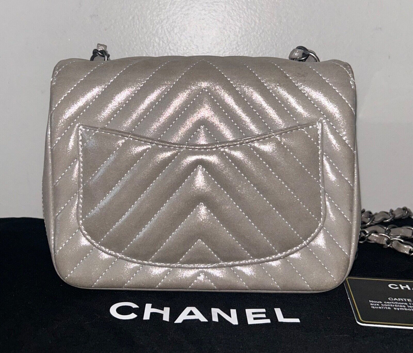 CHANEL Iridescent Calfskin Chevron Quilted Mini Square Flap Bag Silver