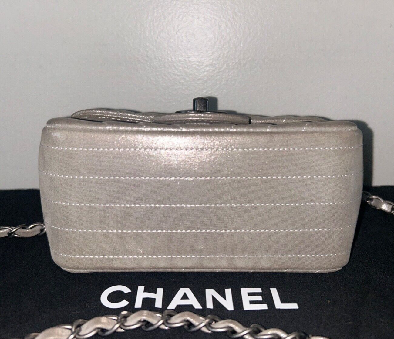 CHANEL Iridescent Calfskin Chevron Quilted Mini Square Flap Bag Silver