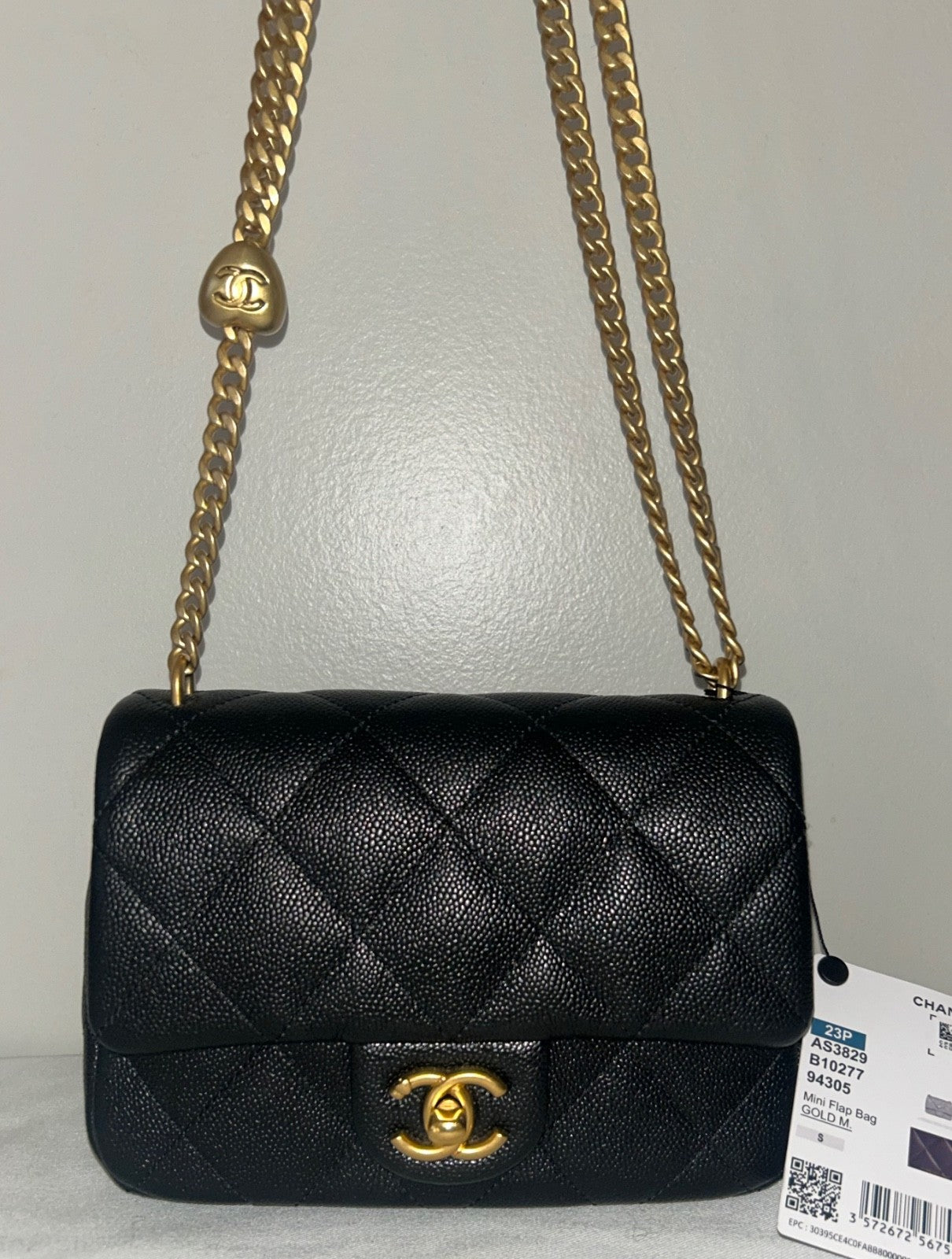 CHANEL 23P Mini Rectangular Sweetheart Quilted Caviar Flap Bag Black