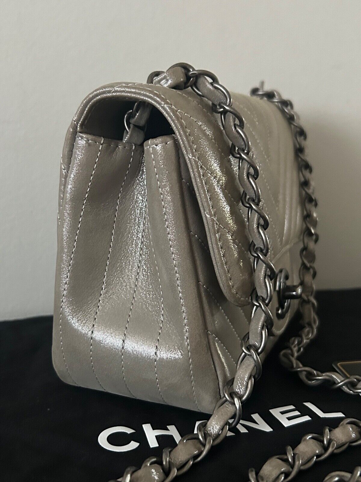 CHANEL Iridescent Calfskin Chevron Quilted Mini Square Flap Bag Silver