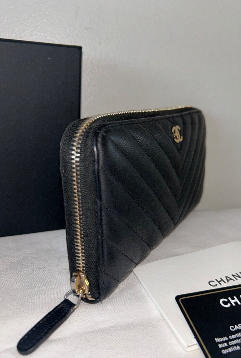 CHANEL Chevron Quilted Caviar Leather Zip Around Long Wallet Black