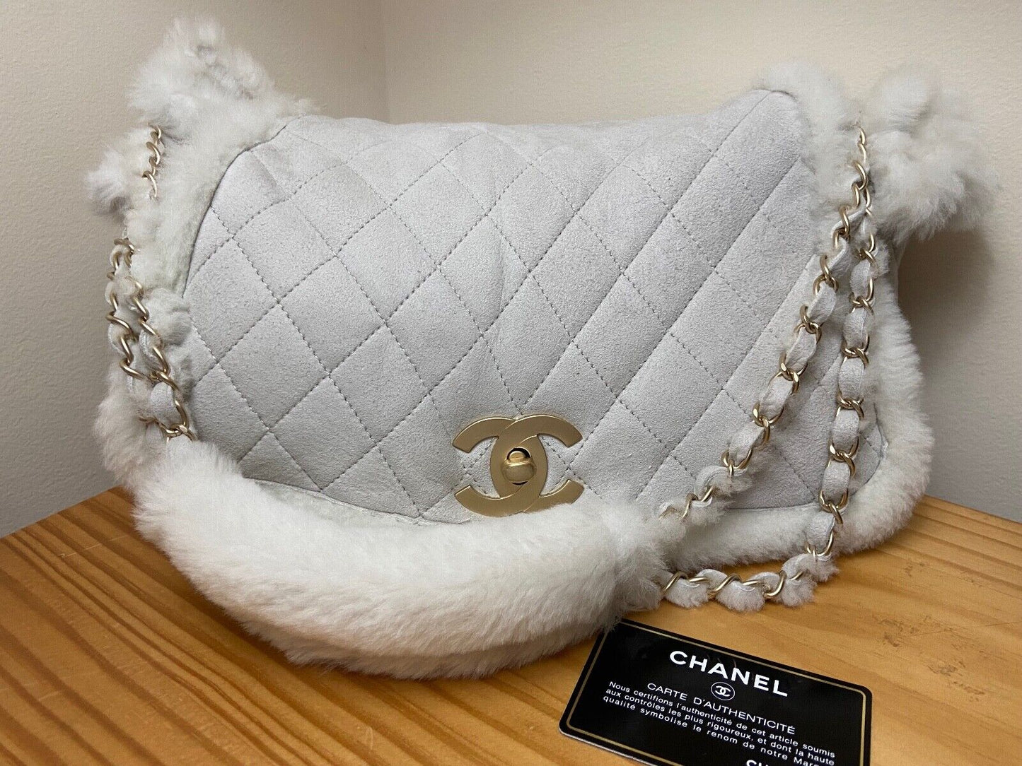 CHANEL CC Quilted Suede & Shearling Large Flap Shoulder Bag Ivory