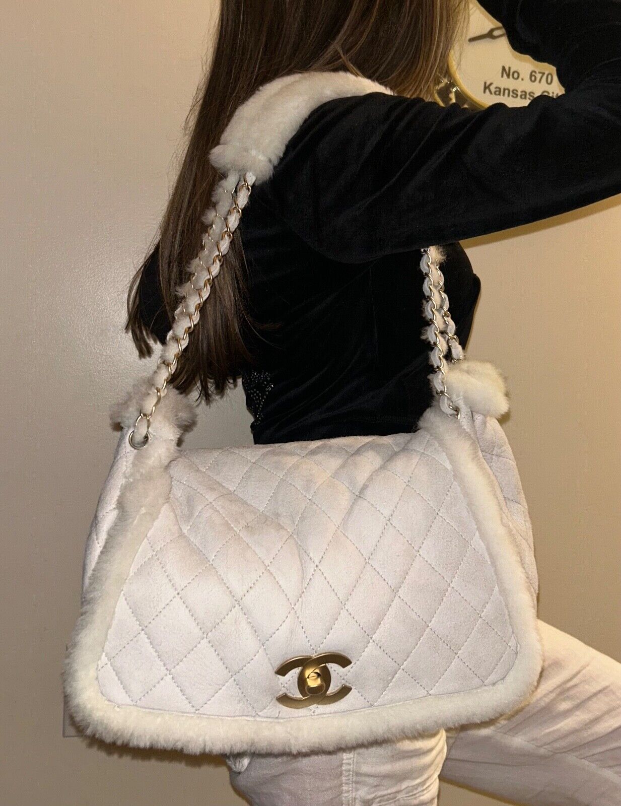 CHANEL CC Quilted Suede & Shearling Large Flap Shoulder Bag Ivory