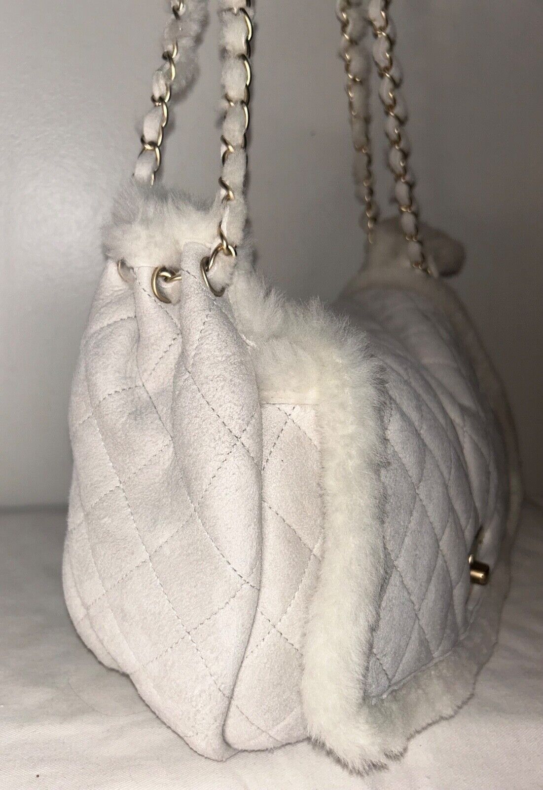 CHANEL CC Quilted Suede & Shearling Large Flap Shoulder Bag Ivory