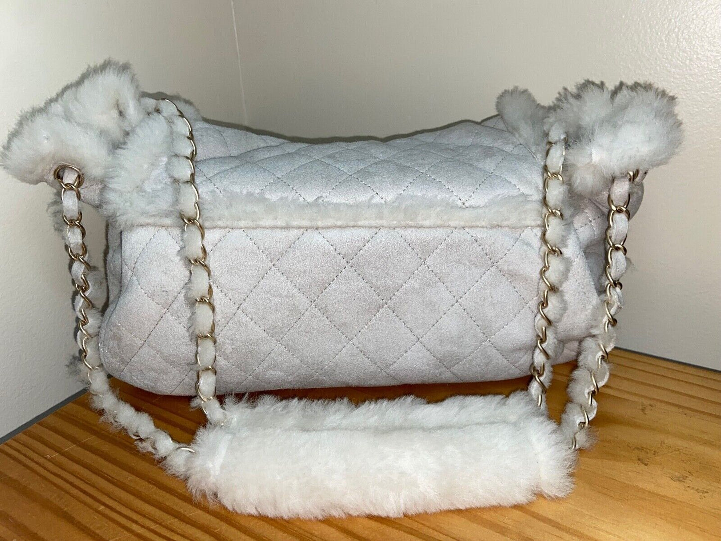 CHANEL CC Quilted Suede & Shearling Large Flap Shoulder Bag Ivory