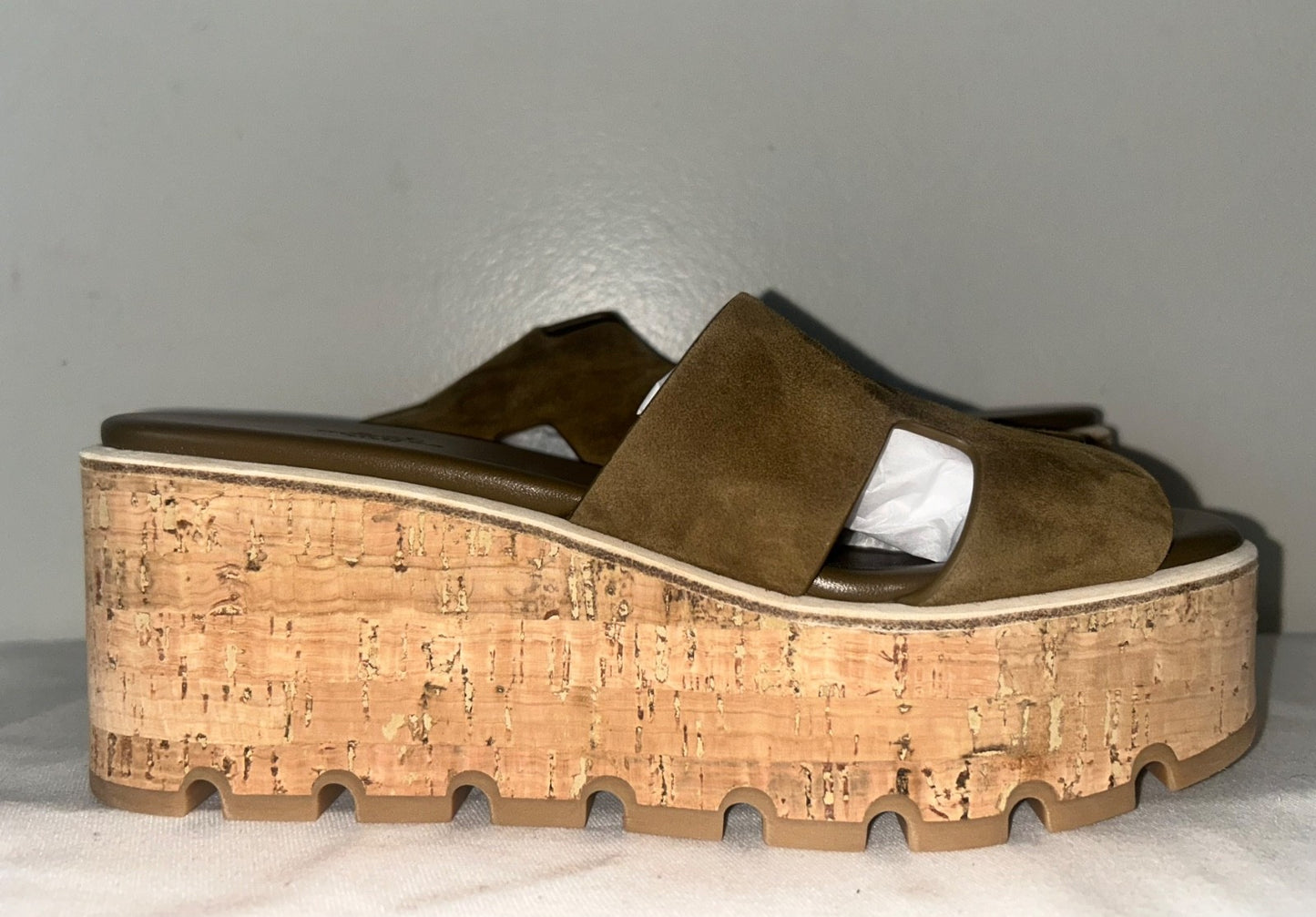 HERMÈS Eze 30 Cork Suede Platform Sandal in Vert Toundra Size 39 (US 9)
