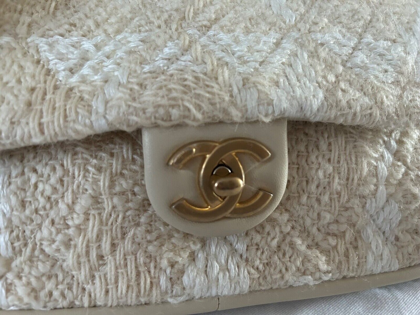 CHANEL CC Tweed Shearling Quilted Lambskin Flap Muff Crossbody Bag Cream