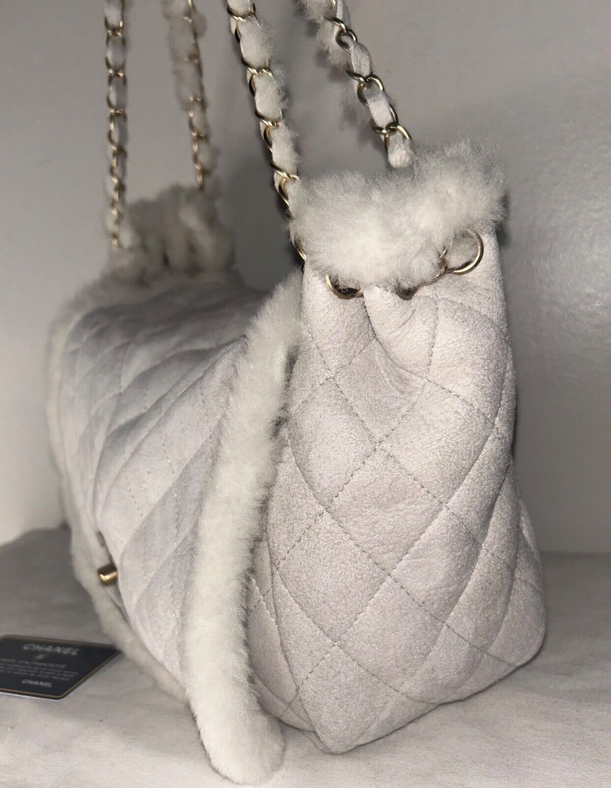 CHANEL CC Quilted Suede & Shearling Large Flap Shoulder Bag Ivory