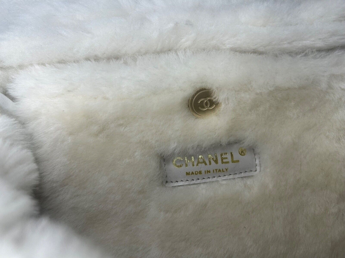 CHANEL CC Quilted Suede & Shearling Large Flap Shoulder Bag Ivory