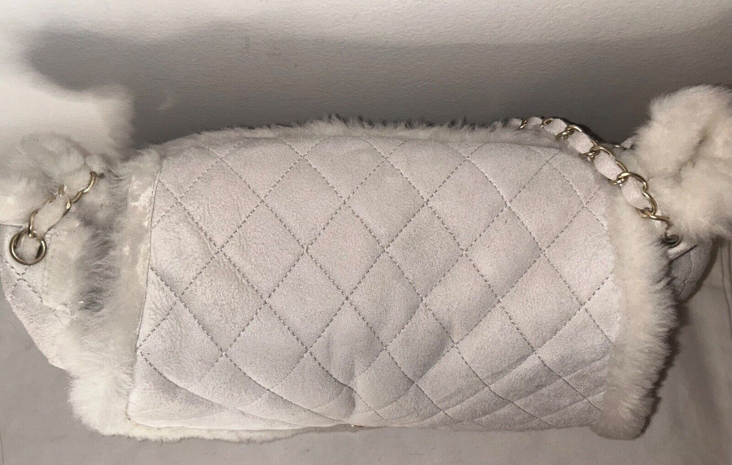 CHANEL CC Quilted Suede & Shearling Large Flap Shoulder Bag Ivory