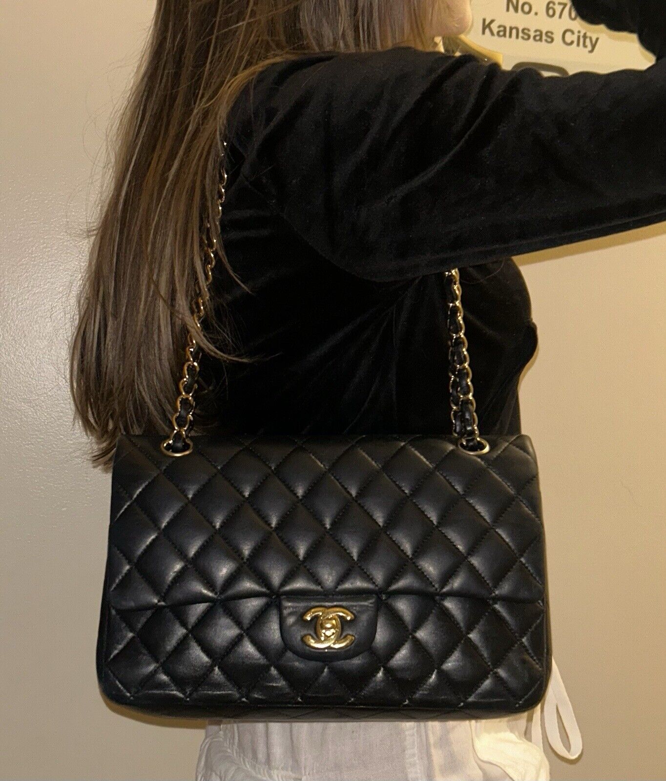 CHANEL Classic Medium Double Flap Lambskin Quilted Handbag Black/Gold