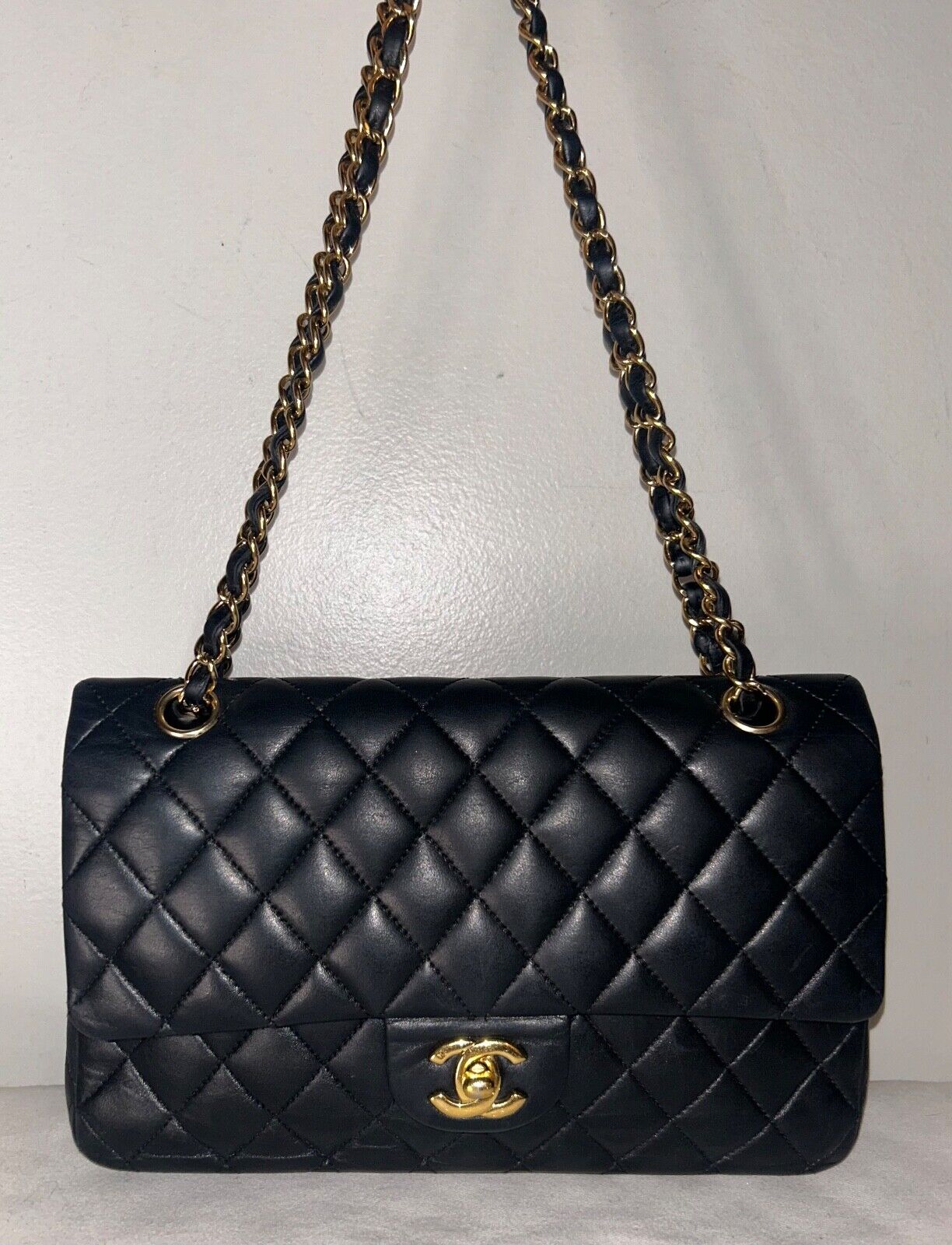 CHANEL Classic Medium Double Flap Lambskin Quilted Handbag Black/Gold