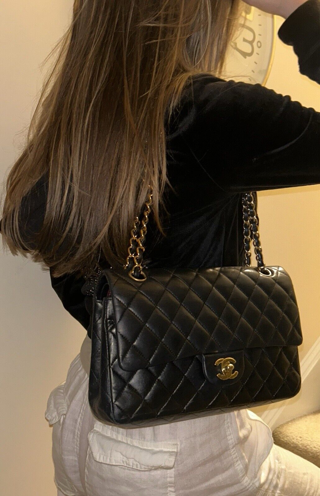 CHANEL Classic Medium Double Flap Lambskin Quilted Handbag Black/Gold