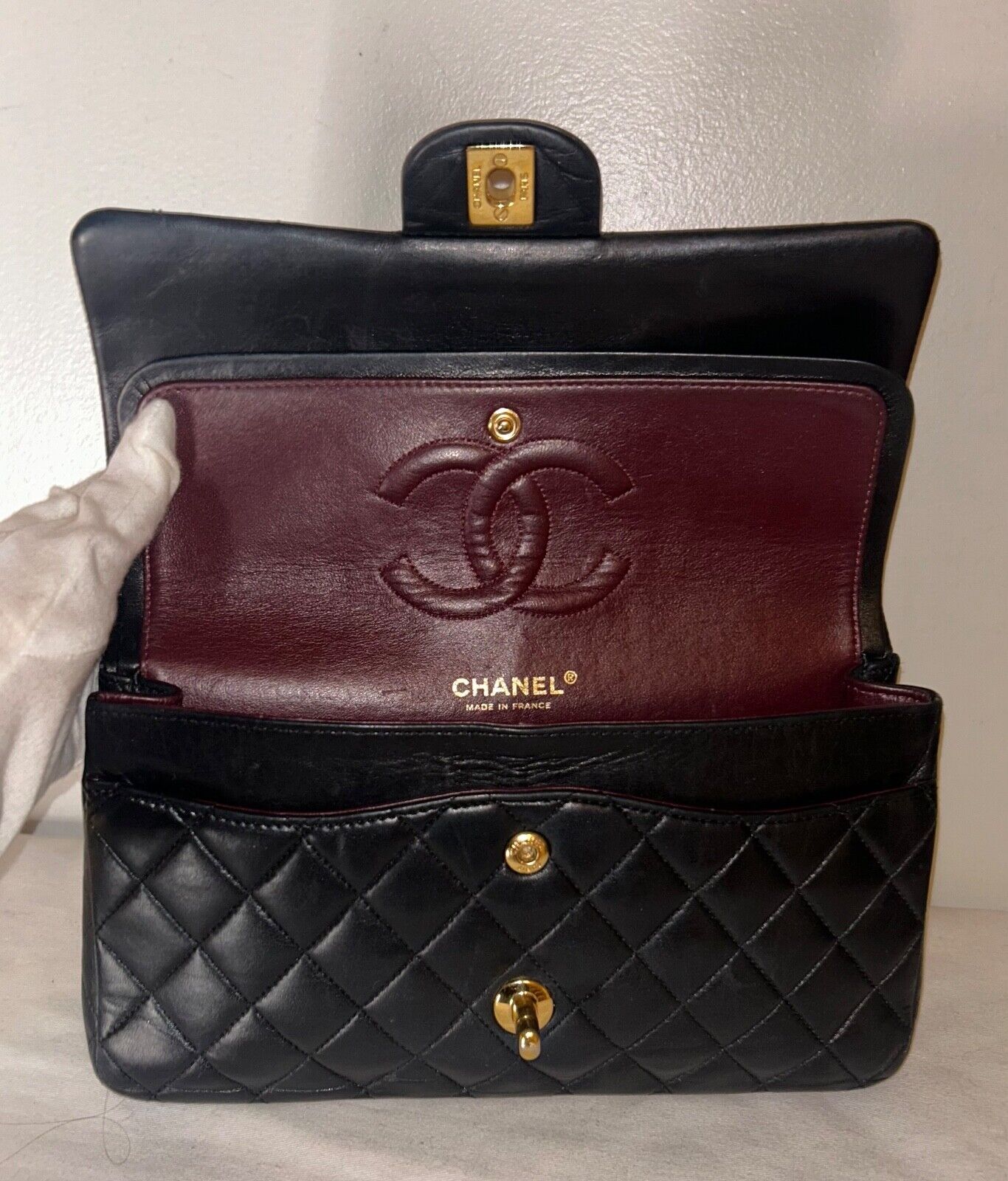 CHANEL Classic Medium Double Flap Lambskin Quilted Handbag Black/Gold