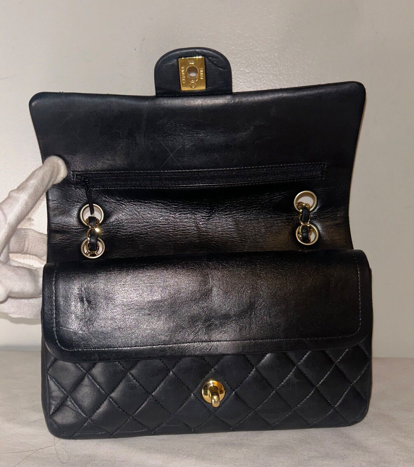 CHANEL Classic Medium Double Flap Lambskin Quilted Handbag Black/Gold