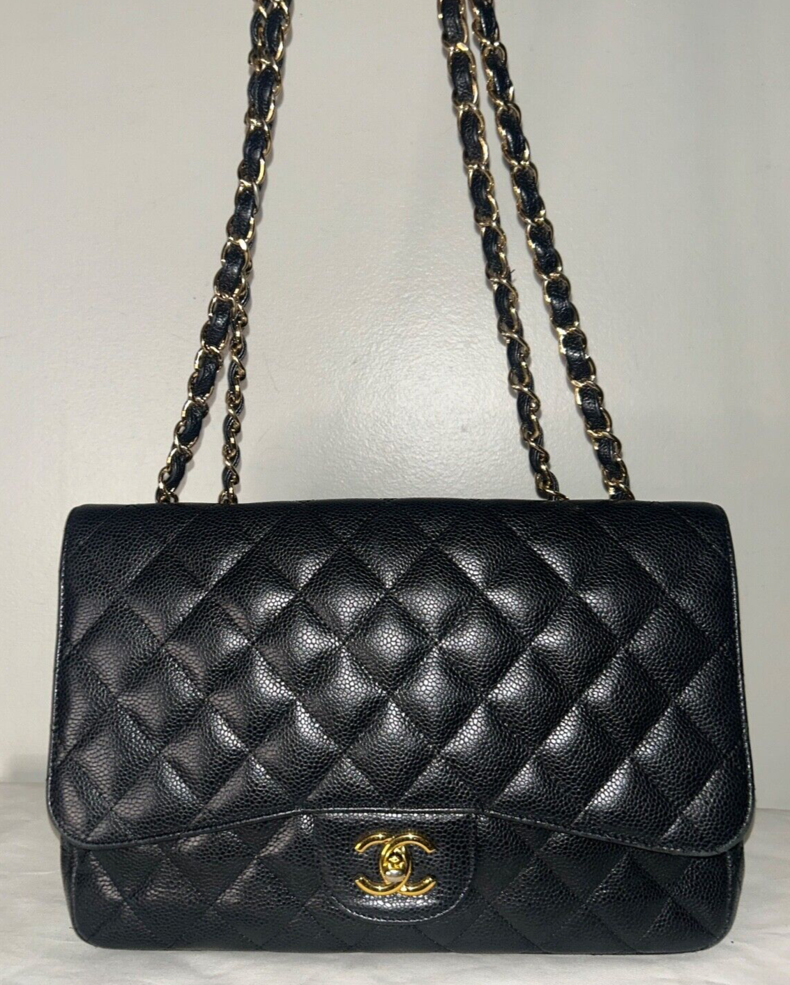 CHANEL Classic Jumbo Flap Quilted Caviar Leather Handbag Black/Gold Hardware