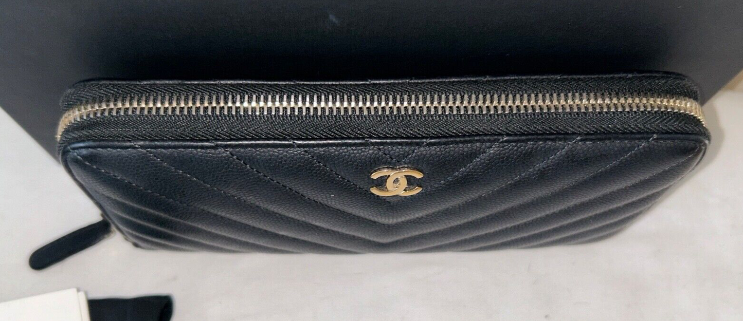 CHANEL Chevron Quilted Caviar Leather Zip Around Long Wallet Black