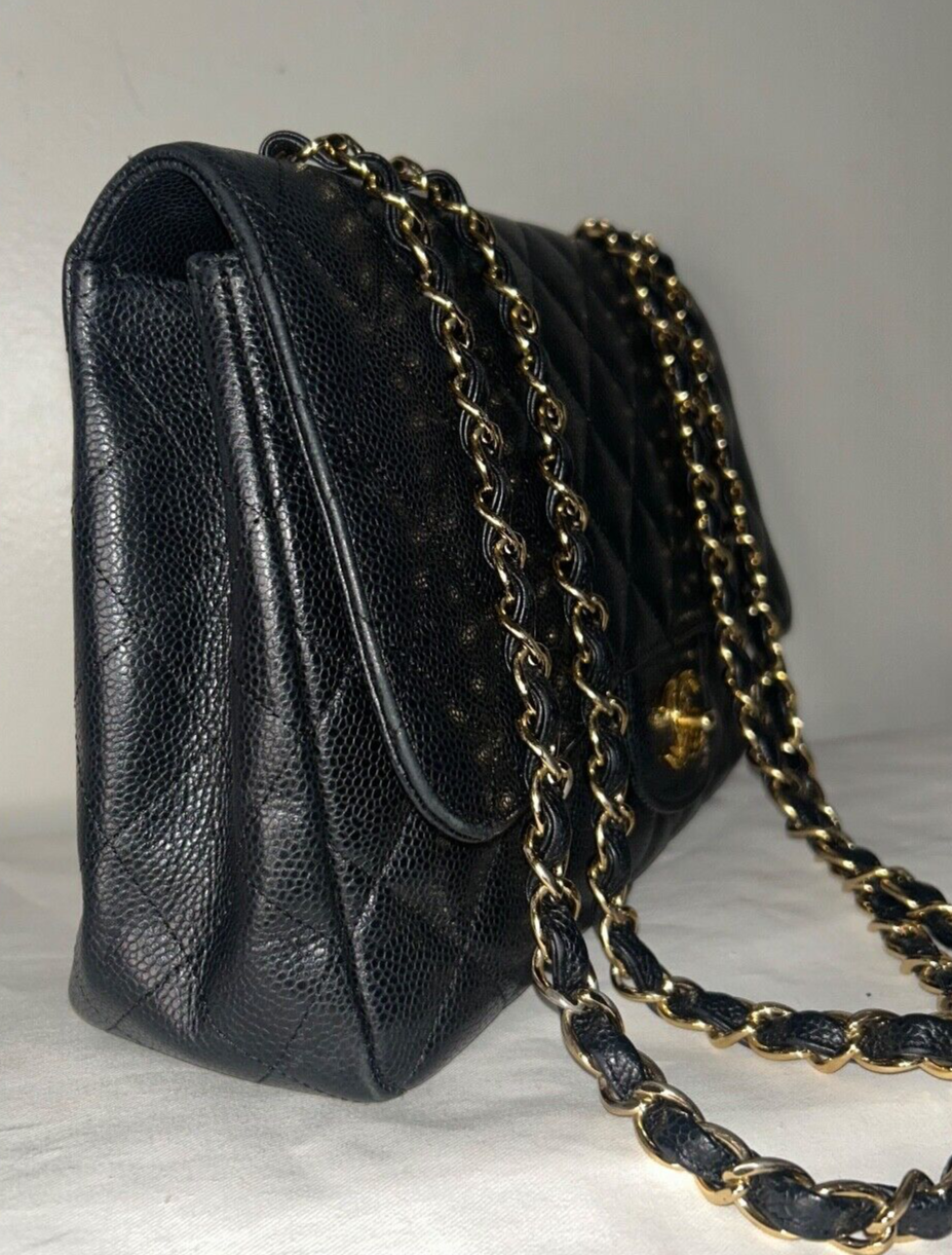 CHANEL Classic Jumbo Flap Quilted Caviar Leather Handbag Black/Gold Hardware