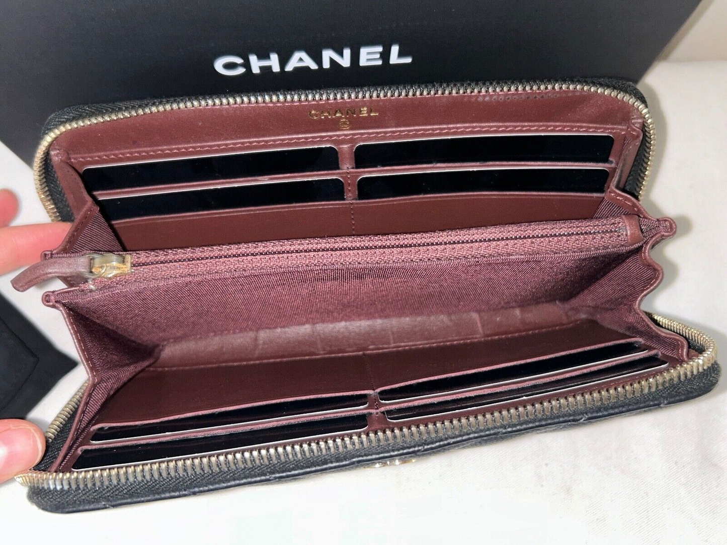 CHANEL Chevron Quilted Caviar Leather Zip Around Long Wallet Black