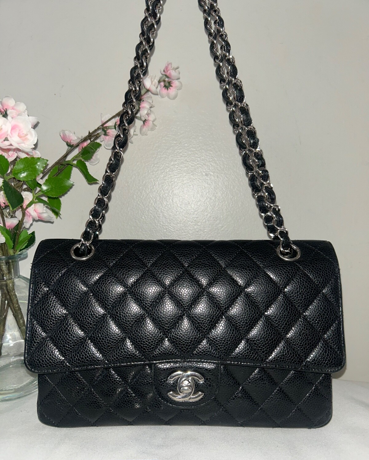 CHANEL Classic Medium Double Flap Quilted Caviar Leather Handbag Black