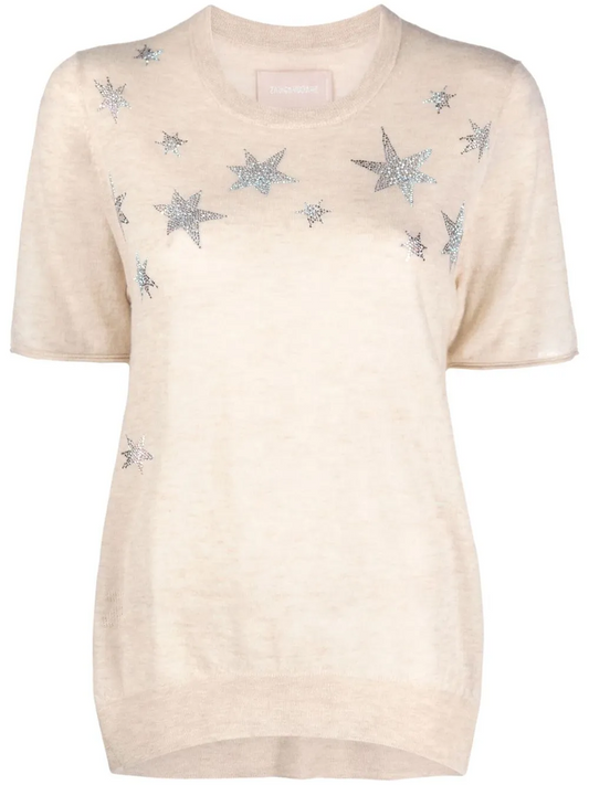 ZADIG & VOLTAIRE Ida Crystal Star Cashmere Tee in Sugar Size S
