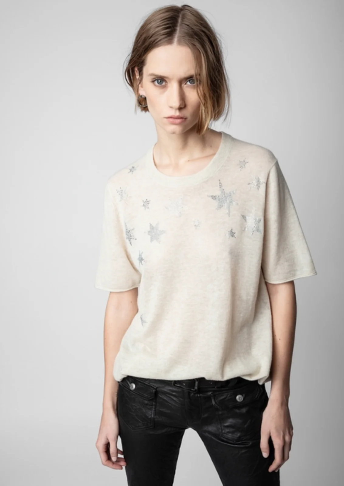 ZADIG & VOLTAIRE Ida Crystal Star Cashmere Tee in Sugar Size S