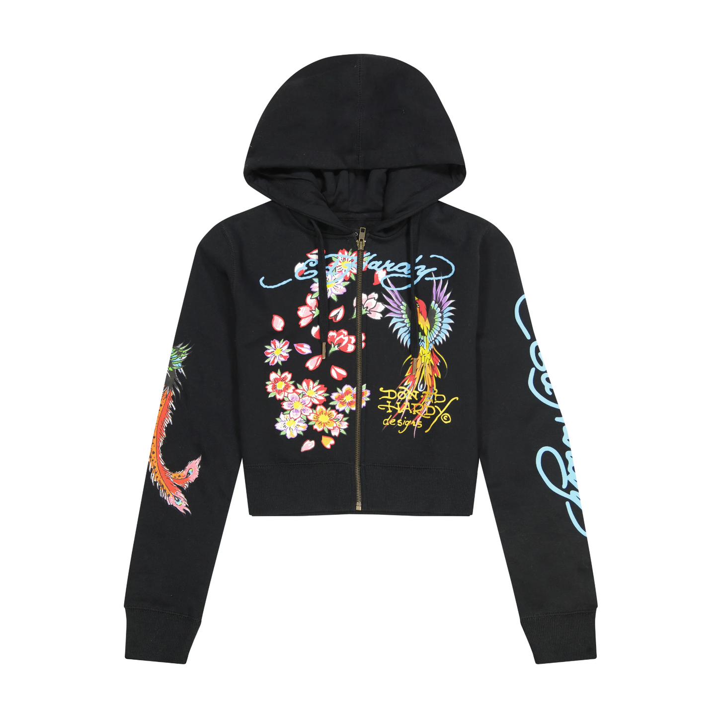 NEW! ED HARDY Phoenix Y2K Full Zip Cropped Hoodie Black Size S