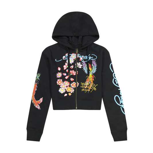 NEW! ED HARDY Phoenix Y2K Full Zip Cropped Hoodie Black Size S