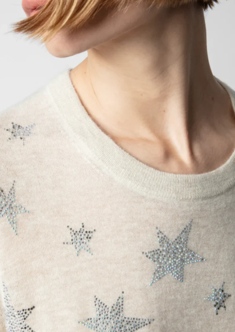 ZADIG & VOLTAIRE Ida Crystal Star Cashmere Tee in Sugar Size S