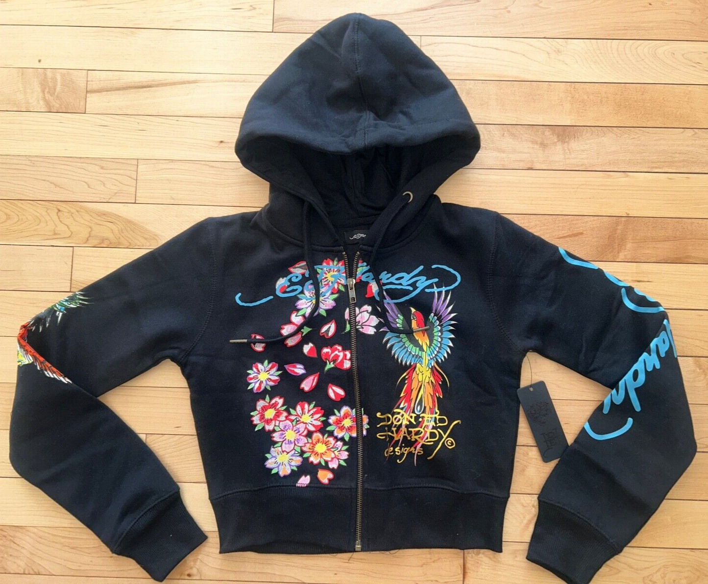 NEW! ED HARDY Phoenix Y2K Full Zip Cropped Hoodie Black Size S
