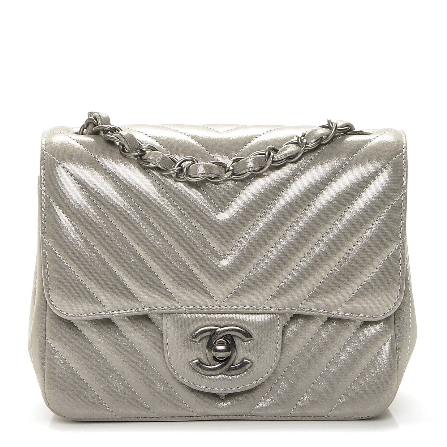 CHANEL Iridescent Calfskin Chevron Quilted Mini Square Flap Bag Silver