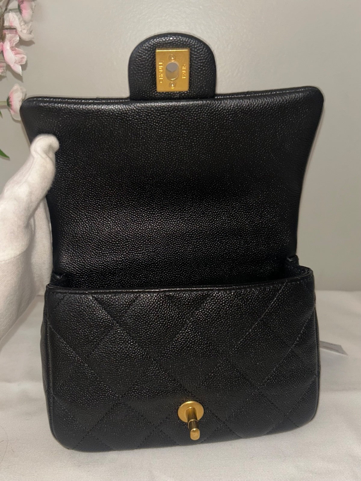 CHANEL 23P Mini Rectangular Sweetheart Quilted Caviar Flap Bag Black