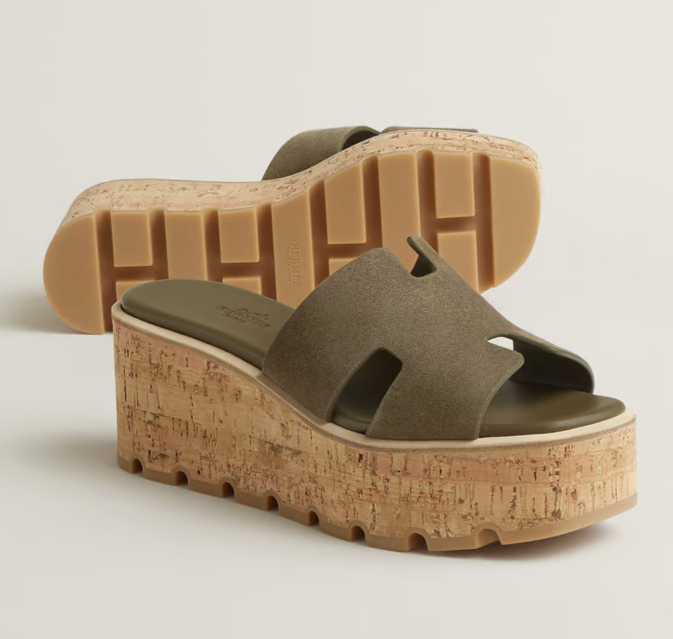 HERMÈS Eze 30 Cork Suede Platform Sandal in Vert Toundra Size 39 (US 9)