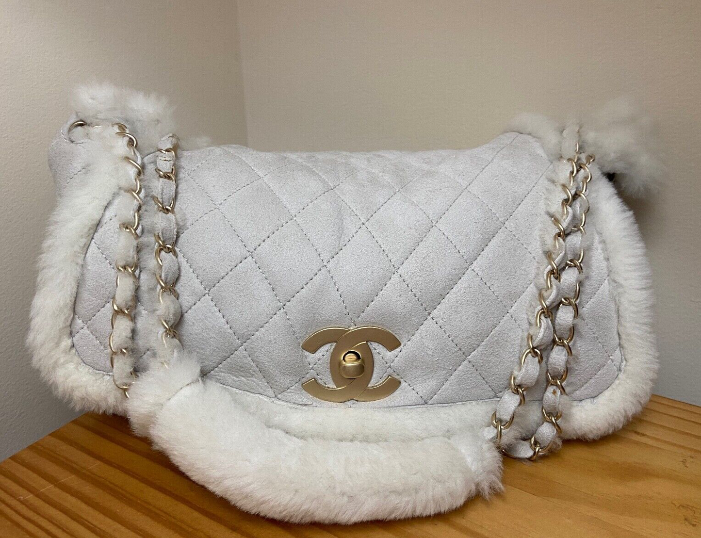 CHANEL CC Quilted Suede & Shearling Large Flap Shoulder Bag Ivory