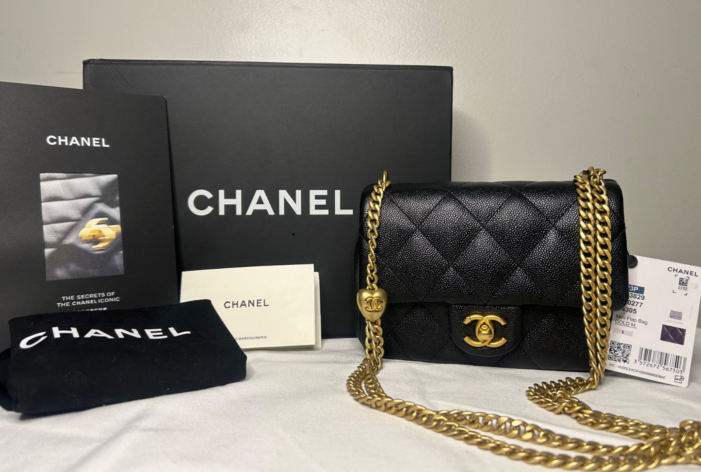 CHANEL 23P Mini Rectangular Sweetheart Quilted Caviar Flap Bag Black