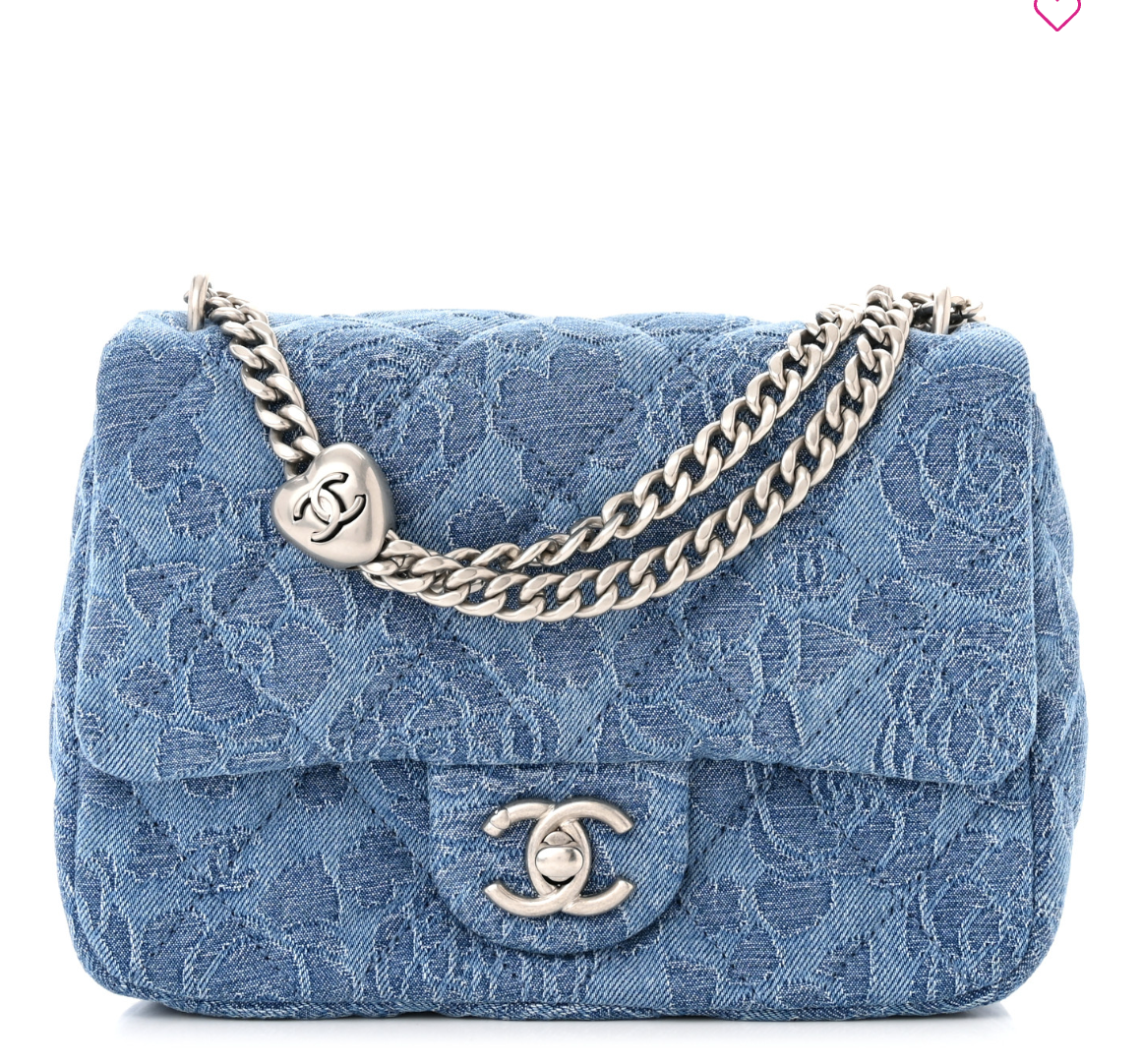 CHANEL 23P Sweetheart Crush Mini Flap Camellia Quilted Denim Blue Bag