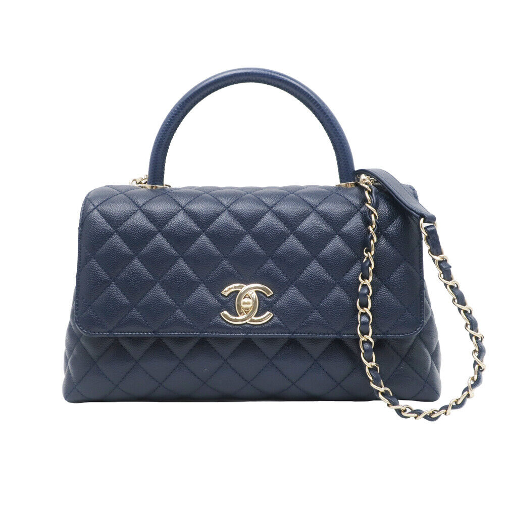 CHANEL 21A Quilted Caviar Coco Handle Flap Bag Lizard Embossed Navy/Gold HW