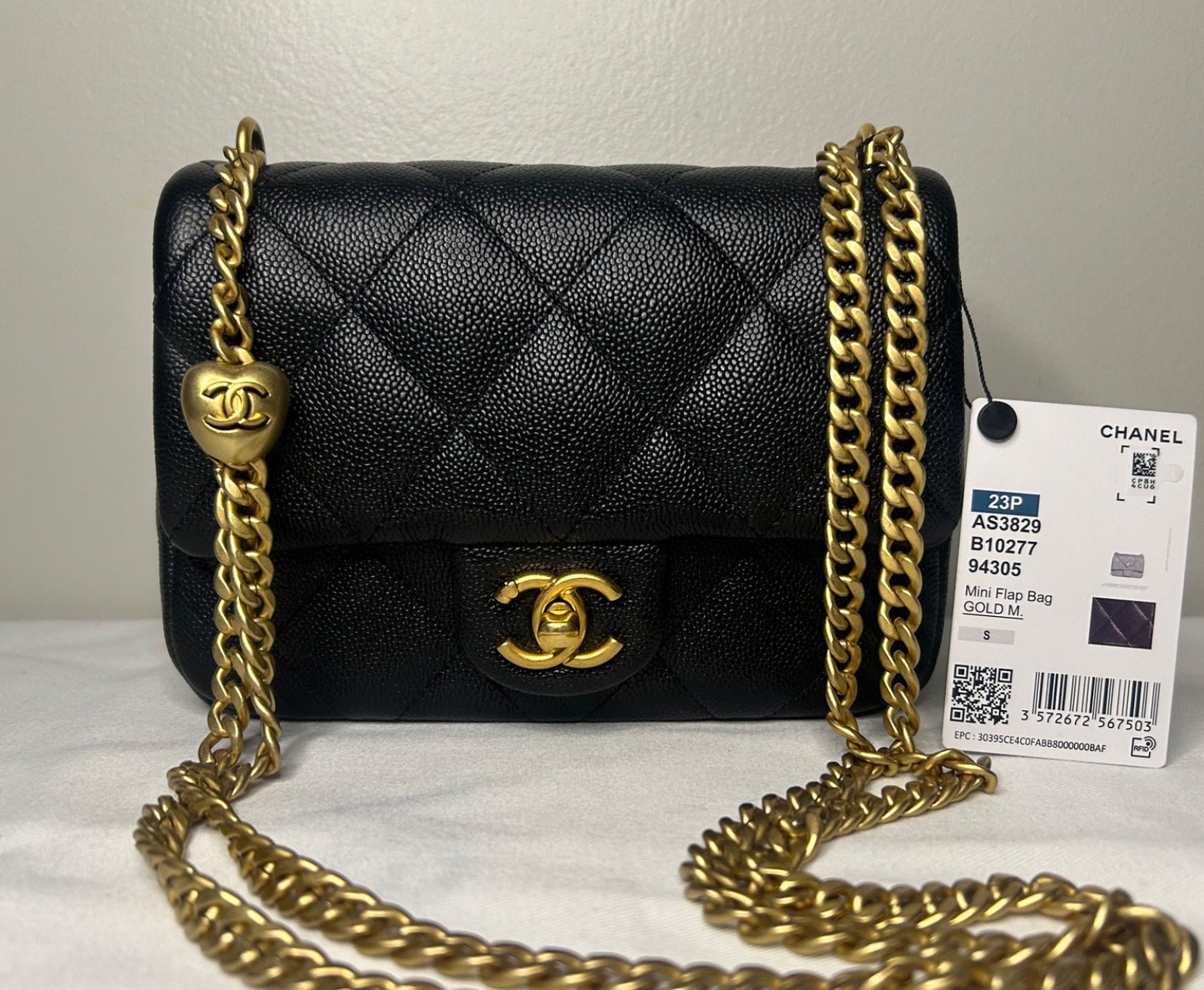 CHANEL 23P Mini Rectangular Sweetheart Quilted Caviar Flap Bag Black