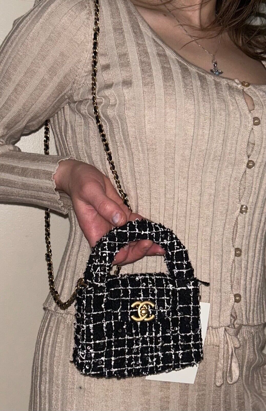 CHANEL 24P Nano Kelly Top Handle Shopper Black/White Sequin & Tweed