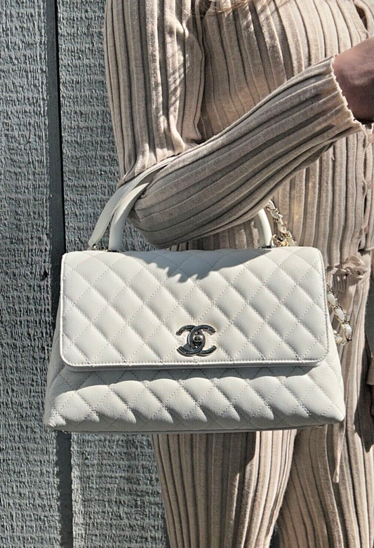 CHANEL 21A Quilted Caviar Coco Handle Flap Bag White/Champagne Gold Hardware