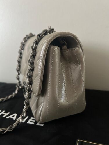 CHANEL Iridescent Calfskin Chevron Quilted Mini Square Flap Bag Silver