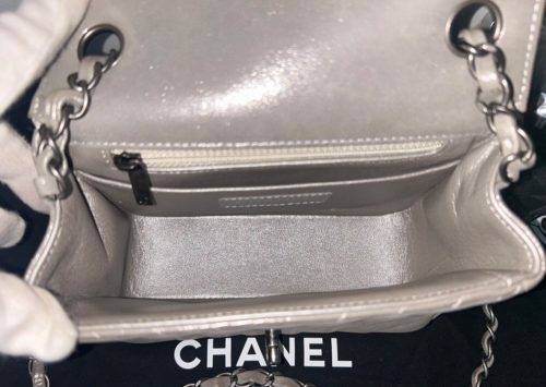 CHANEL Iridescent Calfskin Chevron Quilted Mini Square Flap Bag Silver