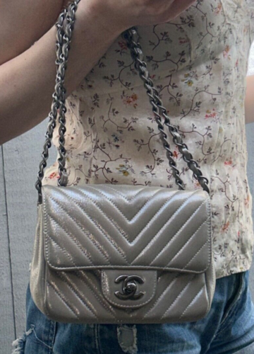 CHANEL Iridescent Calfskin Chevron Quilted Mini Square Flap Bag Silver